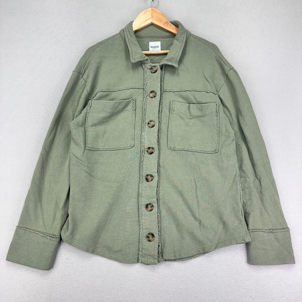 Kensie Shacket Womens L Green Long Sleeve Cotton Button Front Lightweight